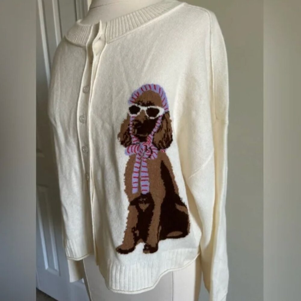 Anthropologie The Goldie Crew Neck Cashmere Blend Dog Cardigan Sweater S - Picture 3 of 10